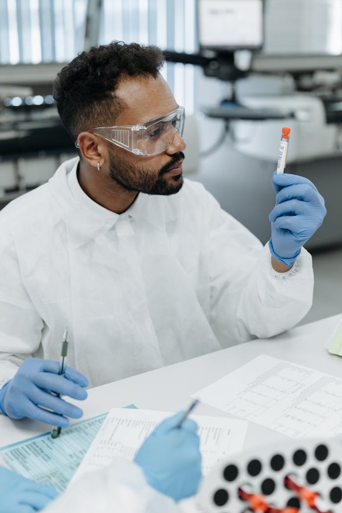 Scientist in lab coat examines test tube sample, wearing protective goggles in a modern laboratory.