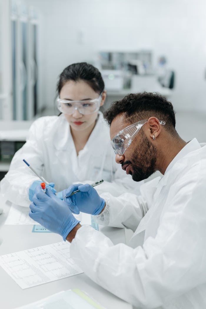 Two scientists conducting research and analysis in a laboratory environment.